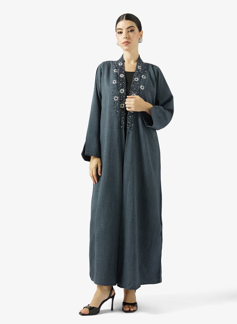 hayas closet Floral Embroidered And Embellished Open Front High Neck Abaya - Image 5